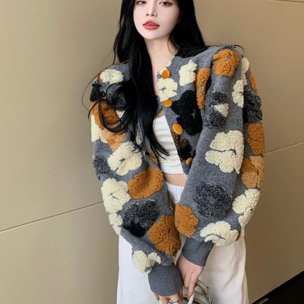 Floral jacket puff sleeve gray coat fuzzy 3d flower runway fashion womens bomber